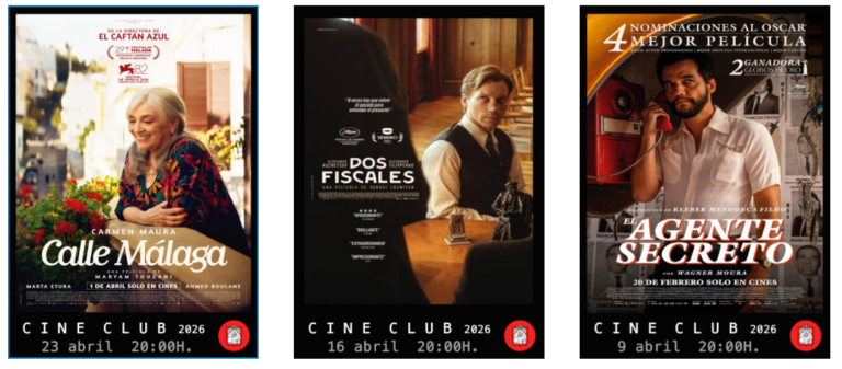 Collage de cartells de les quatre pel·lícules de la programació de cinema de l'abril al Club Pollença, incloent 'El agente secreto' i 'Un poeta'.