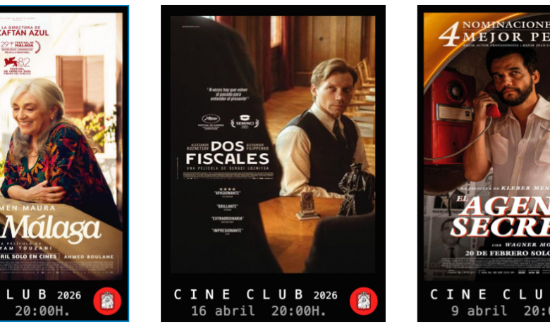 Collage de cartells de les quatre pel·lícules de la programació de cinema de l'abril al Club Pollença, incloent 'El agente secreto' i 'Un poeta'.